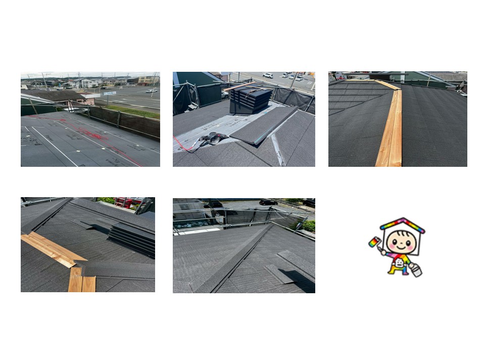 元の棟板金を撤去してから防水シート・瓦本体・棟板金と順番に工事していきます。