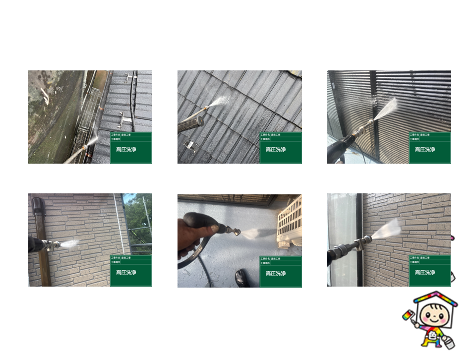 塗装の必要部分に高圧洗浄を行い、汚れをしっかり落とします。